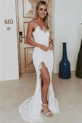Summer Spaghetti-Straps Lace Evening Party Gowns Mermaid With Slit